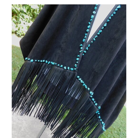 Black Thick Faux Suede and Leather Fringe Poncho with Turquoise Stone Beads O/S - Picture 4 of 6